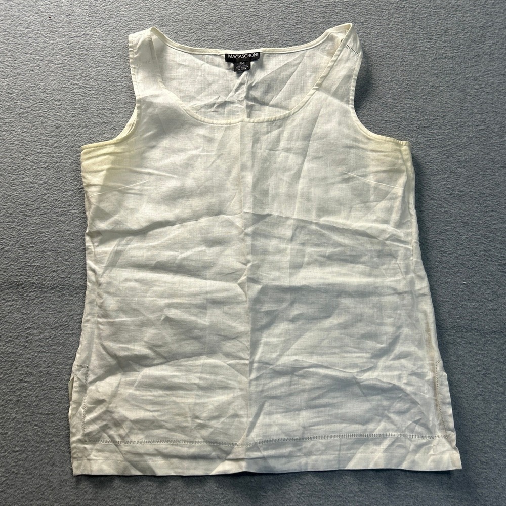 Magaschoni PM Sleeveless Shell Top White Linen Petite Medium Luxury Summer Brand